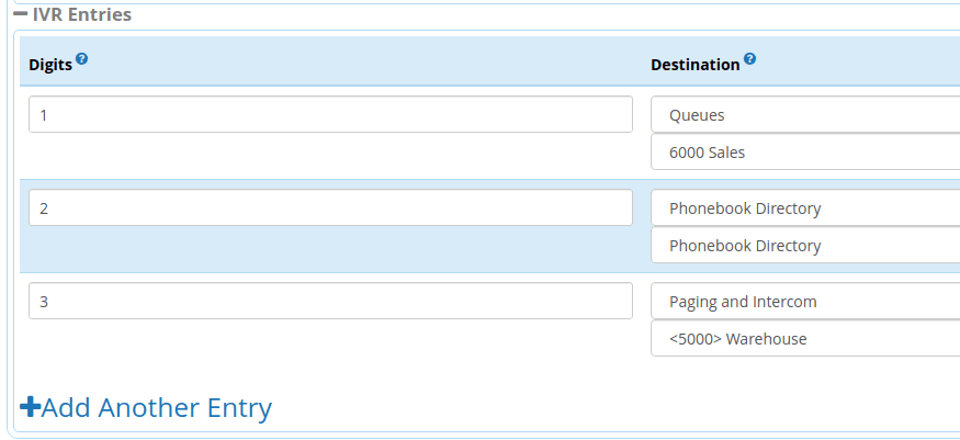 Настройка голосового меню (IVR) в панели FreePBX: цифра 1 ведёт на очередь Sales, 2 — в справочник, 3 — на внутреннюю связь